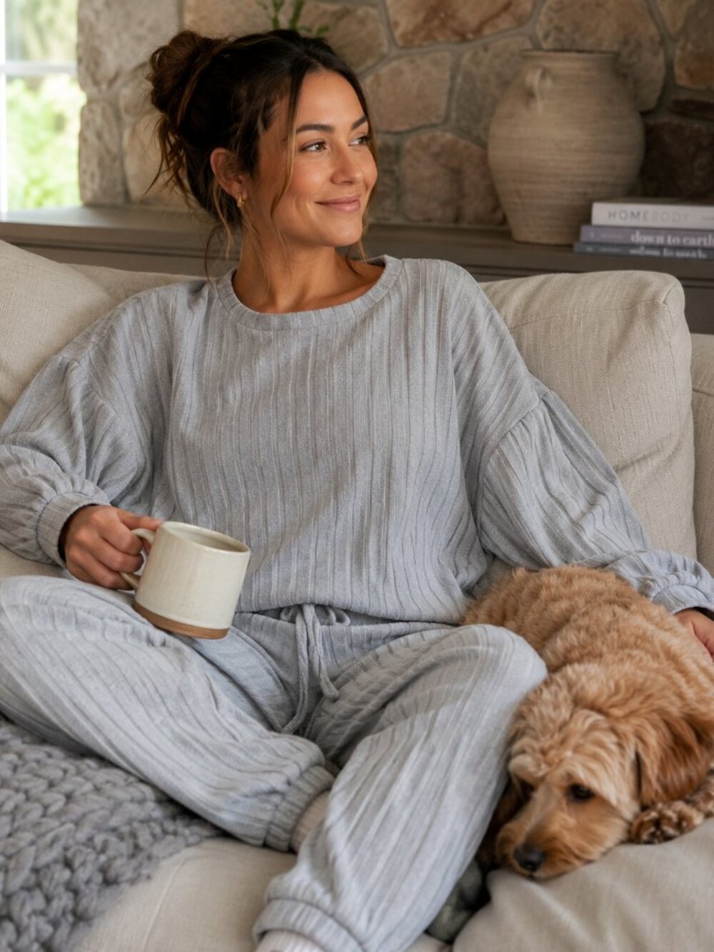 Blue B Light Blue Gray Ribbed Lounge Set Medium 2 Piece Soft Knit Pajama Set